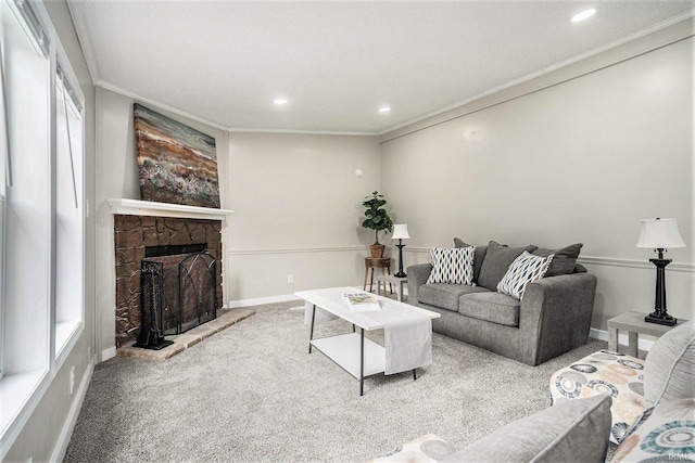 17725 Douglas Rd, South Bend, IN 46635 - living room featuring a fireplace, carpet, ornamental molding, and recessed lighting