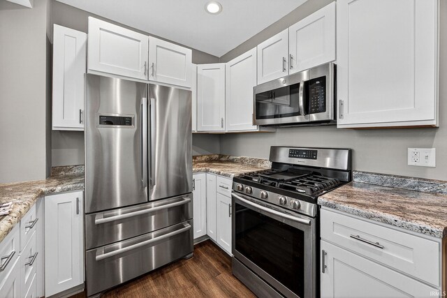 119 Towle Ave, Mishawaka, IN 46544 - kitchen featuring appliances with stainless steel finishes, dark wood-type flooring, white cabinets, light stone counters, and recessed lighting