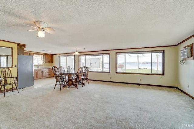 1049 Chapman Lake Dr, Warsaw, IN 46582 - dining room with ornamental molding, a textured ceiling, light colored carpet, a ceiling fan, and an AC wall unit