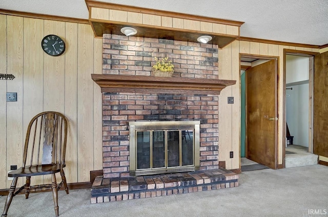 1049 Chapman Lake Dr, Warsaw, IN 46582 - detailed view of wood walls, carpet floors, a fireplace, and a textured ceiling