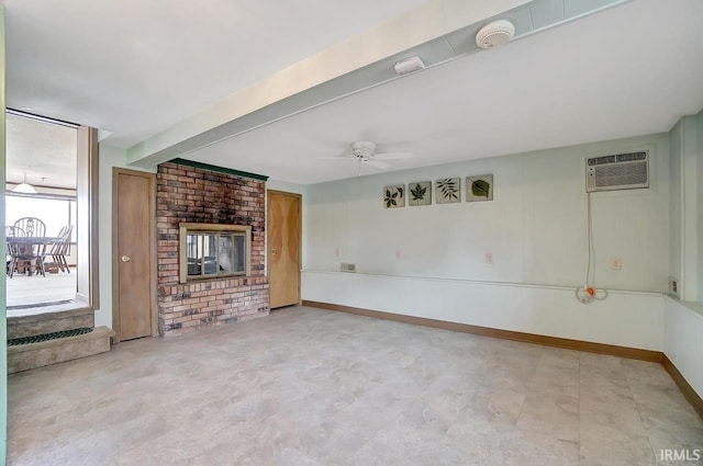 1049 Chapman Lake Dr, Warsaw, IN 46582 - unfurnished living room featuring a ceiling fan, a wall mounted AC, and a brick fireplace