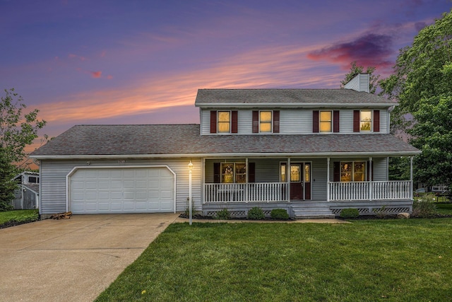 51268 Channel Ct, Elkhart, IN 46514 - view of front of property featuring a chimney, an attached garage, concrete driveway, a porch, and a yard