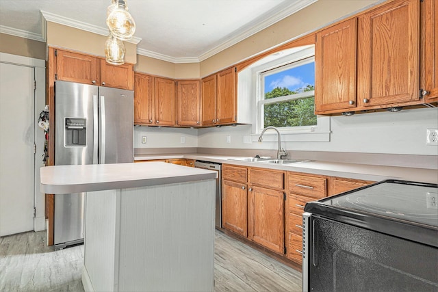 51268 Channel Ct, Elkhart, IN 46514 - kitchen with stainless steel appliances, ornamental molding, light wood-style floors, light countertops, and brown cabinetry