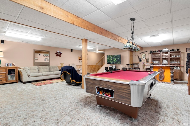 16123 County Road 18, Goshen, IN 46528 - game room with carpet floors, a drop ceiling, billiards, and a dry bar
