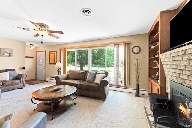 1123 E Gump Rd, Fort Wayne, IN 46845 - living room with a baseboard radiator, a glass covered fireplace, a ceiling fan, and light carpet