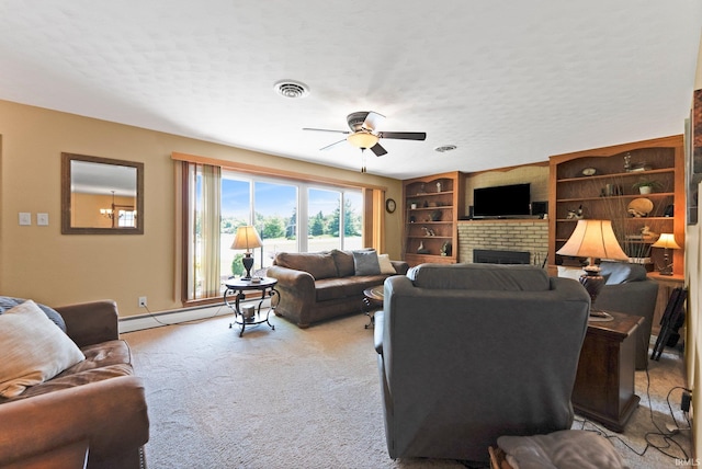1123 E Gump Rd, Fort Wayne, IN 46845 - living area featuring ceiling fan, a baseboard heating unit, light carpet, a fireplace, and a textured ceiling