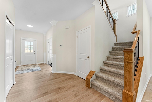 1114 Mosaic St, Huntertown, IN 46748 - foyer featuring light wood-style flooring, stairs, and recessed lighting