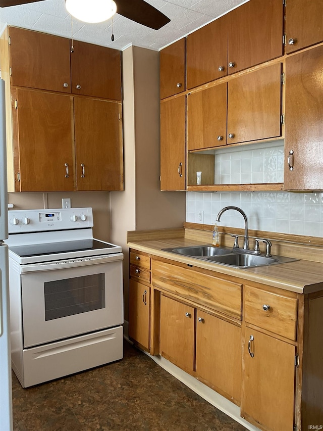 2103 Kentucky Ave, Fort Wayne, IN 46805 - kitchen featuring white electric stove, open shelves, light countertops, a ceiling fan, and backsplash