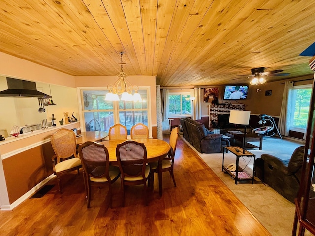 7640 Union Rd, Plymouth, IN 46563 - dining room with plenty of natural light, a chandelier, wood ceiling, wood finished floors, and ceiling fan