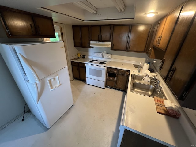 3215 Wakashan Pl, Fort Wayne, IN 46815 - kitchen with white appliances, under cabinet range hood, dark brown cabinets, light countertops, and concrete flooring