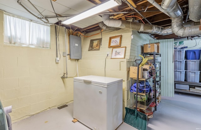 3721 Claremont Ave, Evansville, IN 47712 - basement with white refrigerator, electric panel, and concrete block wall