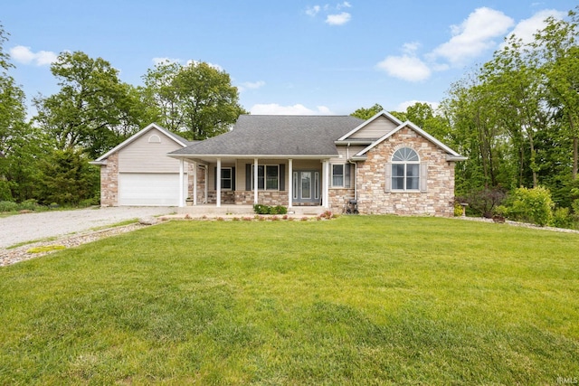 26973 Water Edge Dr, Elkhart, IN 46514 - view of front of property with a porch, stone siding, gravel driveway, a front yard, and roof with shingles