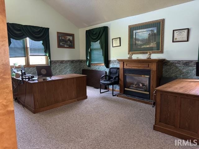 7737 N 100 E Rd, Lucerne, IN 46950 - office area with vaulted ceiling, a wainscoted wall, carpet, and a glass covered fireplace