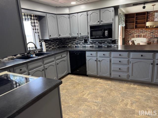 7737 N 100 E Rd, Lucerne, IN 46950 - kitchen featuring black appliances, dark countertops, backsplash, gray cabinets, and recessed lighting
