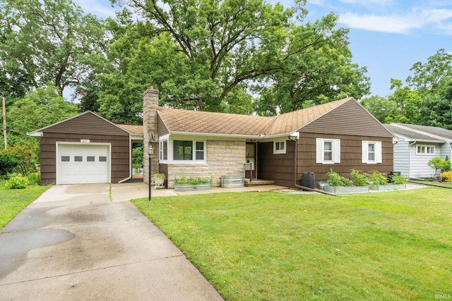241 Sylvan Glen Dr, South Bend, IN 46615 - ranch-style house with a chimney, a front lawn, stone siding, and a shingled roof