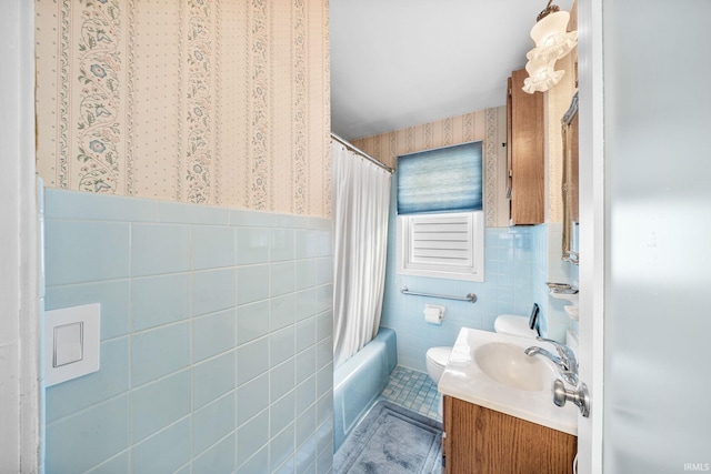241 Sylvan Glen Dr, South Bend, IN 46615 - full bath with tile walls, vanity, shower / bathtub combination with curtain, tile patterned flooring, and wallpapered walls