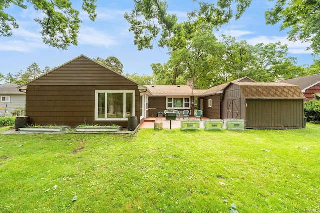 241 Sylvan Glen Dr, South Bend, IN 46615 - rear view of property with a shed, a patio, a chimney, and a lawn