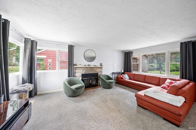 241 Sylvan Glen Dr, South Bend, IN 46615 - carpeted living area featuring a textured ceiling, plenty of natural light, and a fireplace