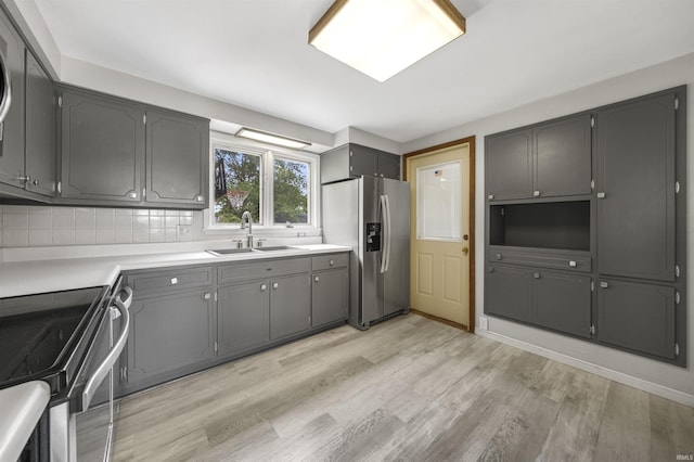 1545 Werling Rd, New Haven, IN 46774 - kitchen featuring appliances with stainless steel finishes, gray cabinetry, light wood-type flooring, decorative backsplash, and light countertops