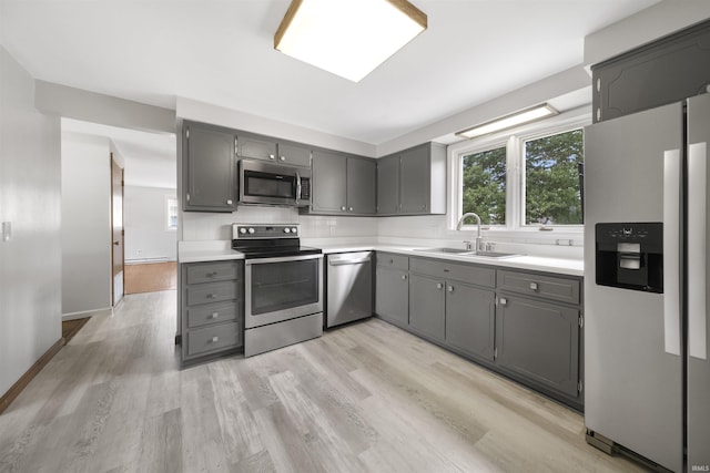 1545 Werling Rd, New Haven, IN 46774 - kitchen with appliances with stainless steel finishes, gray cabinetry, light wood-style floors, light countertops, and backsplash