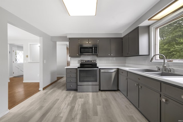 1545 Werling Rd, New Haven, IN 46774 - kitchen with appliances with stainless steel finishes, gray cabinetry, light wood finished floors, backsplash, and plenty of natural light