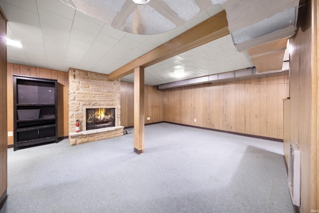 1545 Werling Rd, New Haven, IN 46774 - finished basement featuring carpet floors, a fireplace, and wooden walls