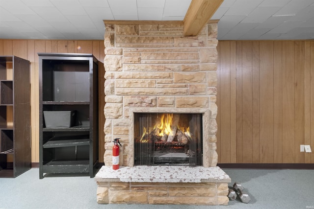 1545 Werling Rd, New Haven, IN 46774 - detailed view of carpet flooring, wooden walls, and a fireplace