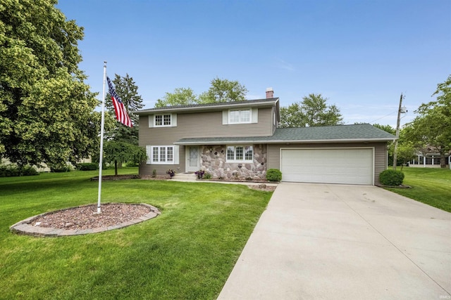 1545 Werling Rd, New Haven, IN 46774 - traditional home with an attached garage, a chimney, a front yard, concrete driveway, and stone siding