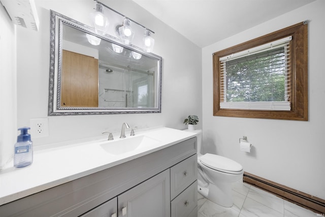 1545 Werling Rd, New Haven, IN 46774 - full bathroom featuring a baseboard radiator, vanity, a shower, and marble look tiles