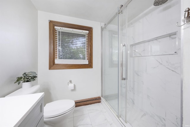 1545 Werling Rd, New Haven, IN 46774 - full bath featuring a baseboard heating unit, marble finish floors, a marble finish shower, and vanity