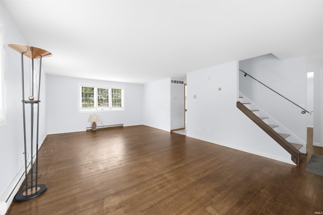 1545 Werling Rd, New Haven, IN 46774 - unfurnished living room featuring stairway, a baseboard radiator, and wood finished floors