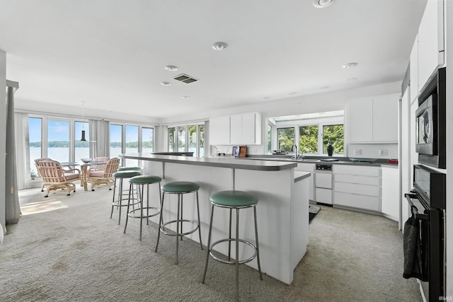 18 Ems T13E Ln, Leesburg, IN 46538 - kitchen with a breakfast bar, light colored carpet, a water view, white cabinets, and recessed lighting