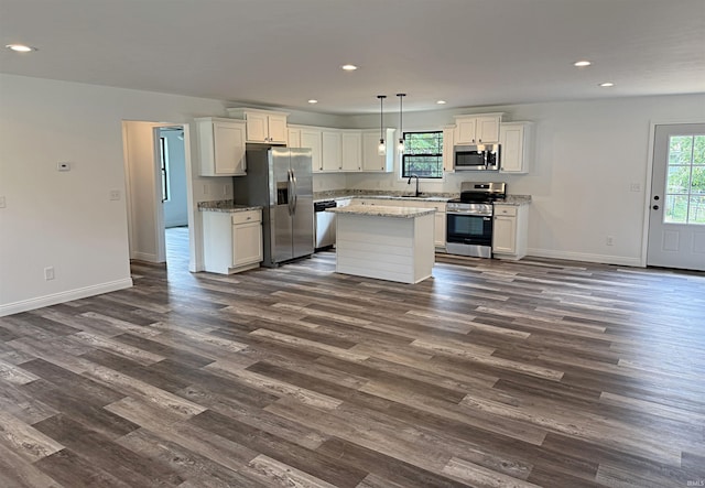 1405 Rosewood Dr, Washington, IN 47501 - kitchen with stainless steel appliances, dark wood-style flooring, recessed lighting, and white cabinetry