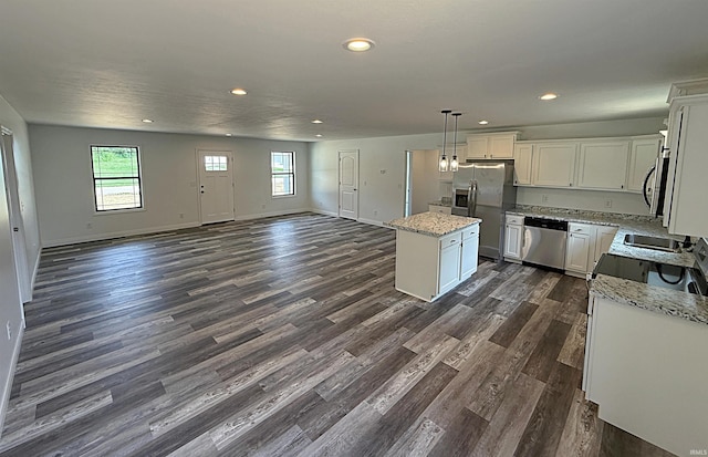 1405 Rosewood Dr, Washington, IN 47501 - kitchen with appliances with stainless steel finishes, open floor plan, a center island, dark wood-style flooring, and recessed lighting