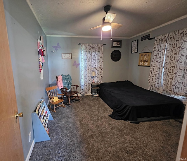 826 SE 2nd St, Washington, IN 47501 - bedroom featuring carpet, a textured ceiling, ornamental molding, and a ceiling fan