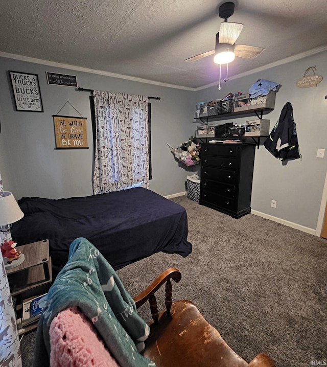 826 SE 2nd St, Washington, IN 47501 - bedroom with crown molding, carpet flooring, a ceiling fan, and a textured ceiling