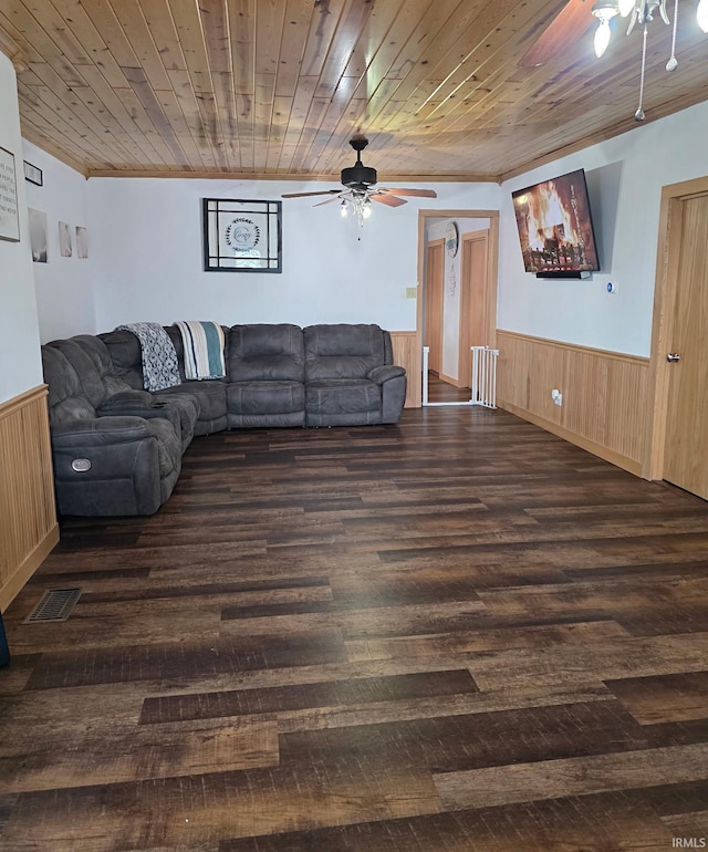 826 SE 2nd St, Washington, IN 47501 - living room featuring a ceiling fan, a wainscoted wall, dark wood finished floors, ornamental molding, and wood ceiling