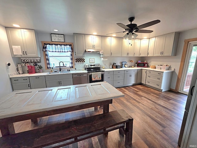 826 SE 2nd St, Washington, IN 47501 - kitchen with stainless steel appliances, gray cabinets, wood finished floors, ceiling fan, and light countertops