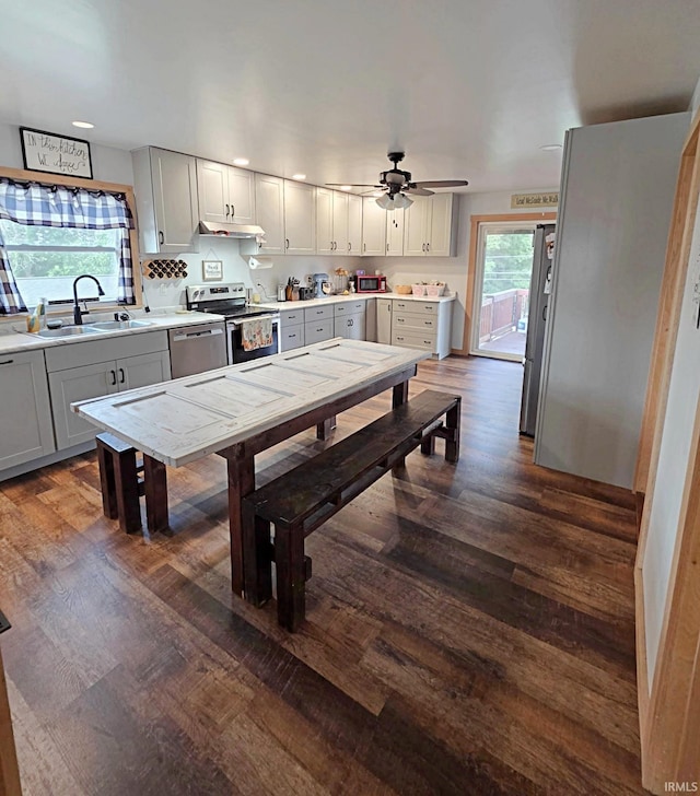 826 SE 2nd St, Washington, IN 47501 - dining space featuring dark wood finished floors, ceiling fan, and recessed lighting