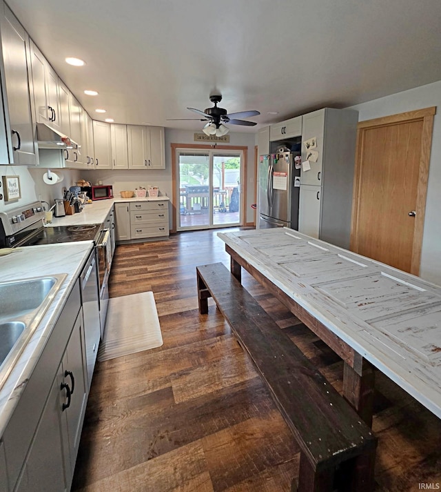 826 SE 2nd St, Washington, IN 47501 - kitchen featuring appliances with stainless steel finishes, ceiling fan, dark wood-style floors, light countertops, and under cabinet range hood