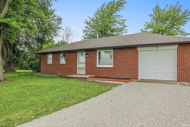 8416 S 400 W, Lafayette, IN 47909 - single story home featuring gravel driveway, brick siding, a front yard, an attached garage, and a shingled roof