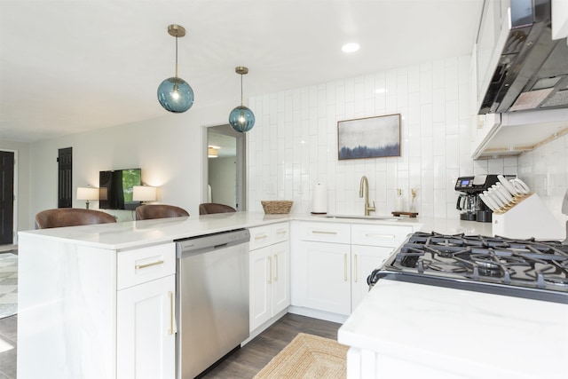 1621 E Madison St, South Bend, IN 46617 - kitchen with stainless steel dishwasher, a peninsula, ventilation hood, decorative backsplash, and light countertops