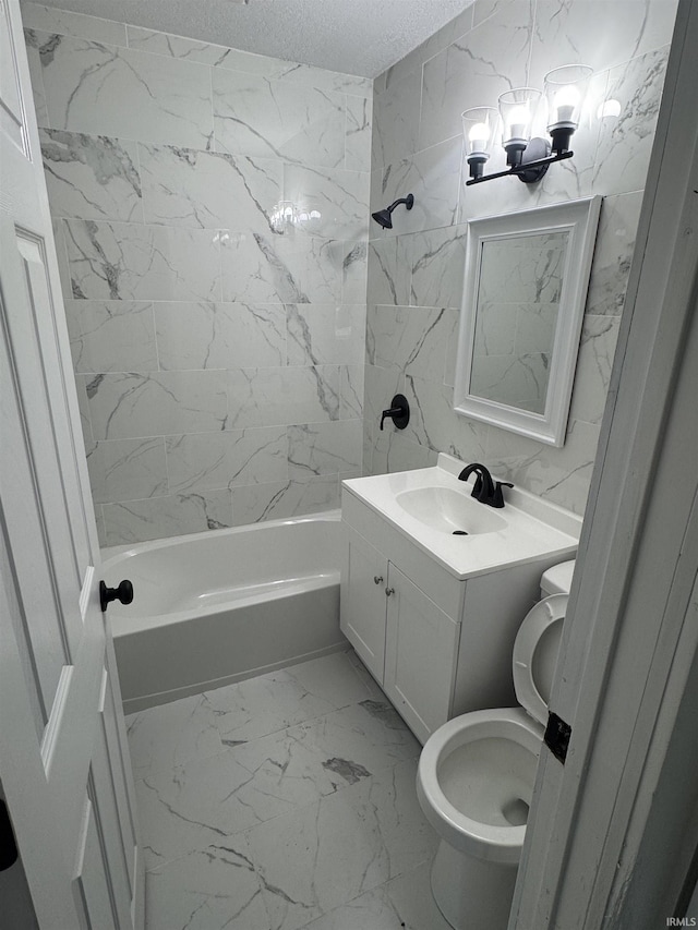 118 Burns Blvd, Fort Wayne, IN 46807 - bathroom featuring marble look tiles, a textured ceiling, vanity, washtub / shower combination, and a chandelier