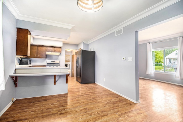 1822 Sherman Ave, South Bend, IN 46616 - kitchen with stainless steel appliances, crown molding, light wood-style flooring, light countertops, and a peninsula