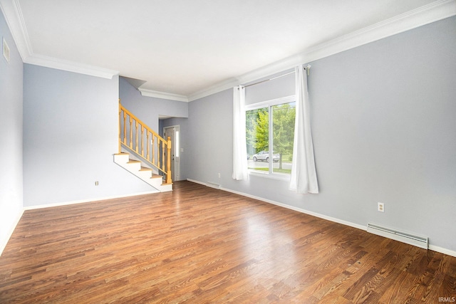 1822 Sherman Ave, South Bend, IN 46616 - empty room with stairway, baseboard heating, wood finished floors, and ornamental molding