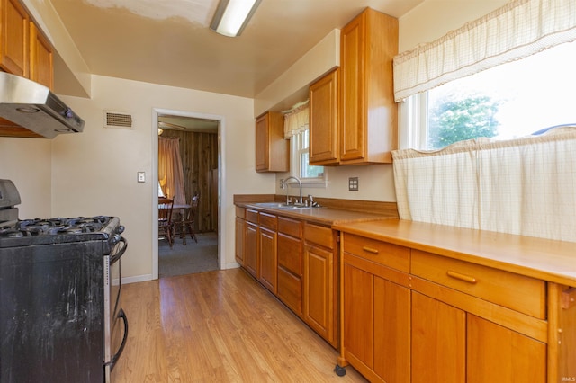 517 S Edison Ave, South Bend, IN 46619 - kitchen featuring gas stove, under cabinet range hood, light wood-type flooring, brown cabinetry, and light countertops