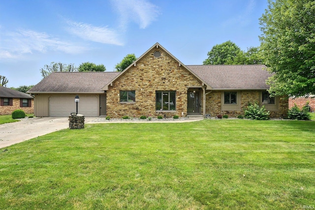 708 Forest Dr, Frankfort, IN 46041 - view of front of property featuring concrete driveway, a front yard, stone siding, an attached garage, and a shingled roof
