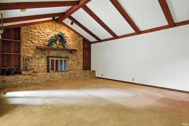 708 Forest Dr, Frankfort, IN 46041 - unfurnished living room with carpet, built in shelves, and a stone fireplace