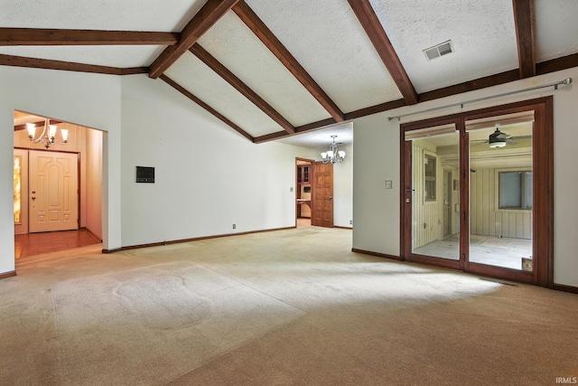 708 Forest Dr, Frankfort, IN 46041 - unfurnished living room with a chandelier, light colored carpet, beamed ceiling, high vaulted ceiling, and a ceiling fan