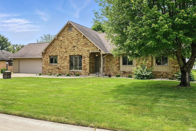 708 Forest Dr, Frankfort, IN 46041 - view of front facade featuring stone siding, a garage, a front lawn, and concrete driveway
